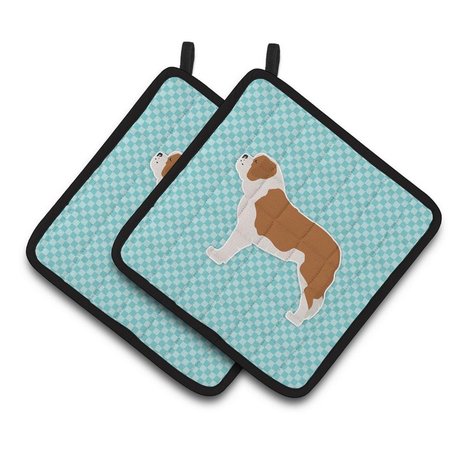 CAROLINES TREASURES Saint Bernard Checkerboard Blue Pair of Pot Holders BB3776PTHD